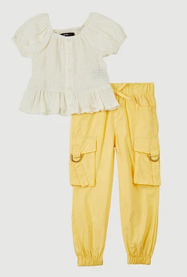 Toddler Girls Smocked Puff Sleeve Blouse and Joggers, Yellow, Size 3T