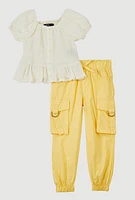 Toddler Girls Smocked Puff Sleeve Blouse and Joggers, Yellow, Size 3T