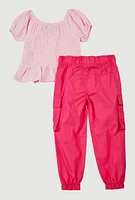 Toddler Girls Smocked Puff Sleeve Blouse and Joggers, Pink, Size 4T