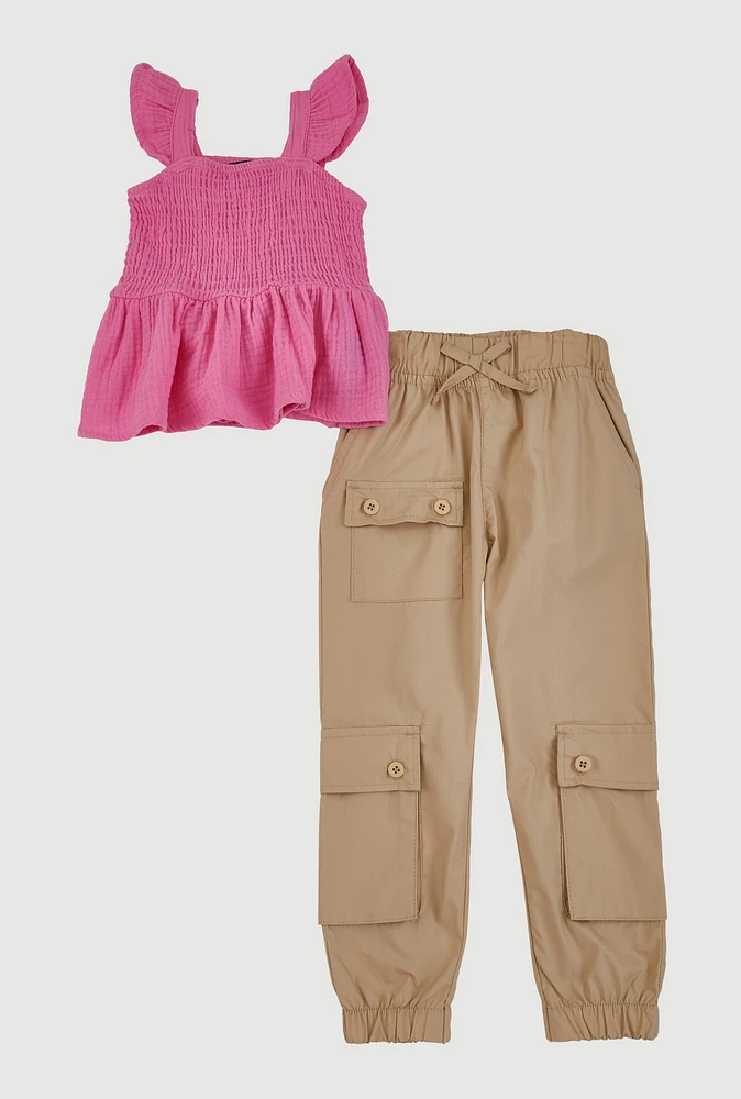 Toddler Girls Smocked Peasant Top and Cargo Joggers, Pink, Size 3T