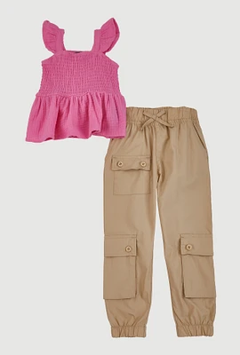 Toddler Girls Smocked Peasant Top and Cargo Joggers, Pink, Size 3T