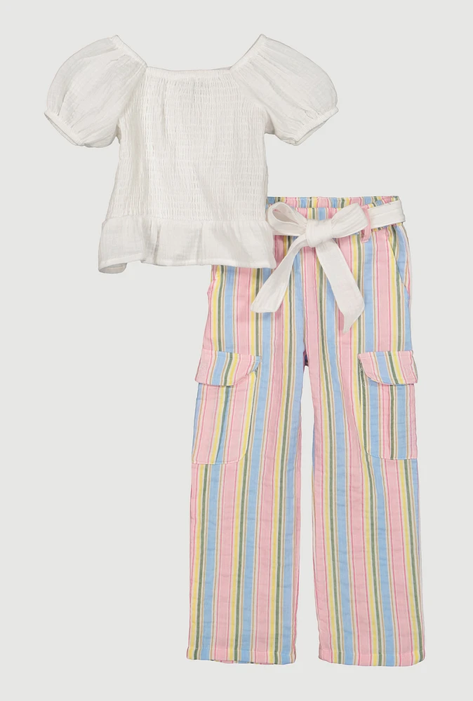 Toddler Girls Puff Sleeve Smocked Top and Striped Cargo Pants, Multi, Size 3T