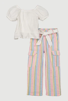 Toddler Girls Puff Sleeve Smocked Top and Striped Cargo Pants, Multi, Size 3T