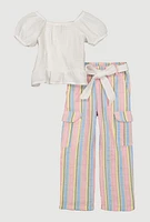 Toddler Girls Puff Sleeve Smocked Top and Striped Cargo Pants, Multi, Size 4T