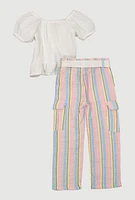 Toddler Girls Puff Sleeve Smocked Top and Striped Cargo Pants, Multi, Size 3T