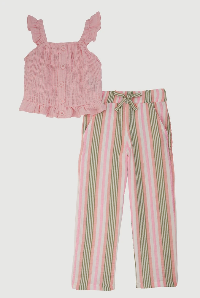 Toddler Girls Ruffled Smocked Top and Striped Pants, Pink, Size 4T