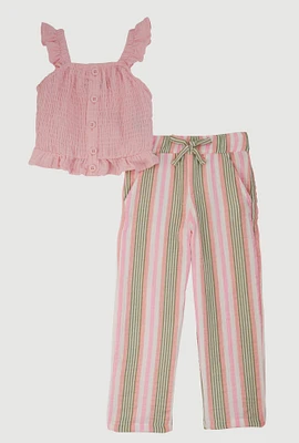 Toddler Girls Ruffled Smocked Top and Striped Pants, Pink, Size 4T