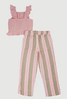 Toddler Girls Ruffled Smocked Top and Striped Pants, Pink, Size 4T