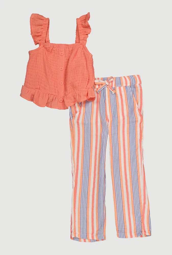Toddler Girls Ruffled Smocked Top and Striped Pants, Orange, Size 3T