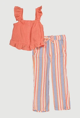 Toddler Girls Ruffled Smocked Top and Striped Pants, Orange, Size 3T