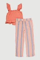 Toddler Girls Ruffled Smocked Top and Striped Pants, Orange, Size 3T