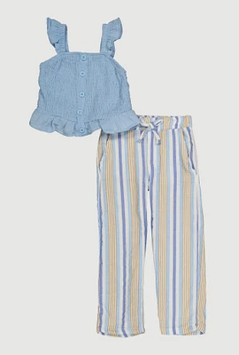 Toddler Girls Ruffled Smocked Top and Striped Pants, Blue, Size 4T