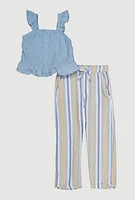 Toddler Girls Ruffled Smocked Top and Striped Pants, Blue, Size 4T