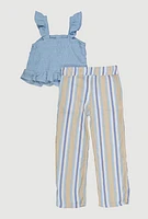 Toddler Girls Ruffled Smocked Top and Striped Pants, Blue, Size 4T