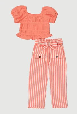 Toddler Girls Smocked Top and Striped Pants, Orange, Size 4T