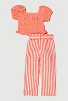 Toddler Girls Smocked Top and Striped Pants, Orange, Size 4T