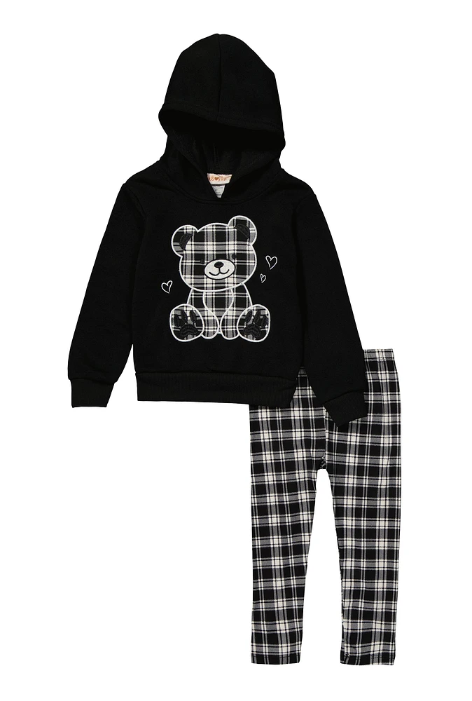 Toddler Girls Plaid Teddy Bear Hoodie and Leggings Set, Black, Size 2T