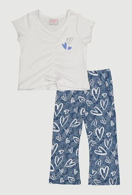 Toddler Girls Ruched Heart Top and Ribbed Knit Pants, Blue, Size 3T