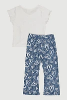Toddler Girls Ruched Heart Top and Ribbed Knit Pants, Blue, Size 3T