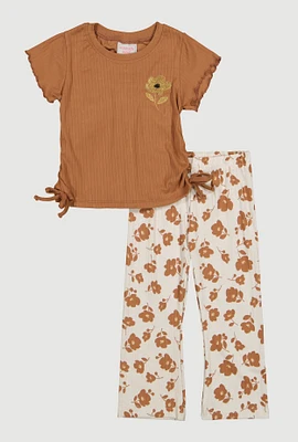 Toddler Girls Ribbed Short Sleeve Top and Floral Pants, Brown, Size 3T