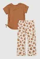 Toddler Girls Ribbed Short Sleeve Top and Floral Pants, Brown, Size 3T