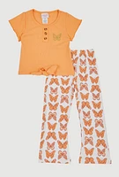 Toddler Girls Tie Front Short Sleeve Top and Pants, Orange, Size 2T