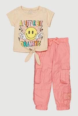 Toddler Girls Smiley Glitter Graphic Tie Front Top and Joggers, Multi, Size 2T