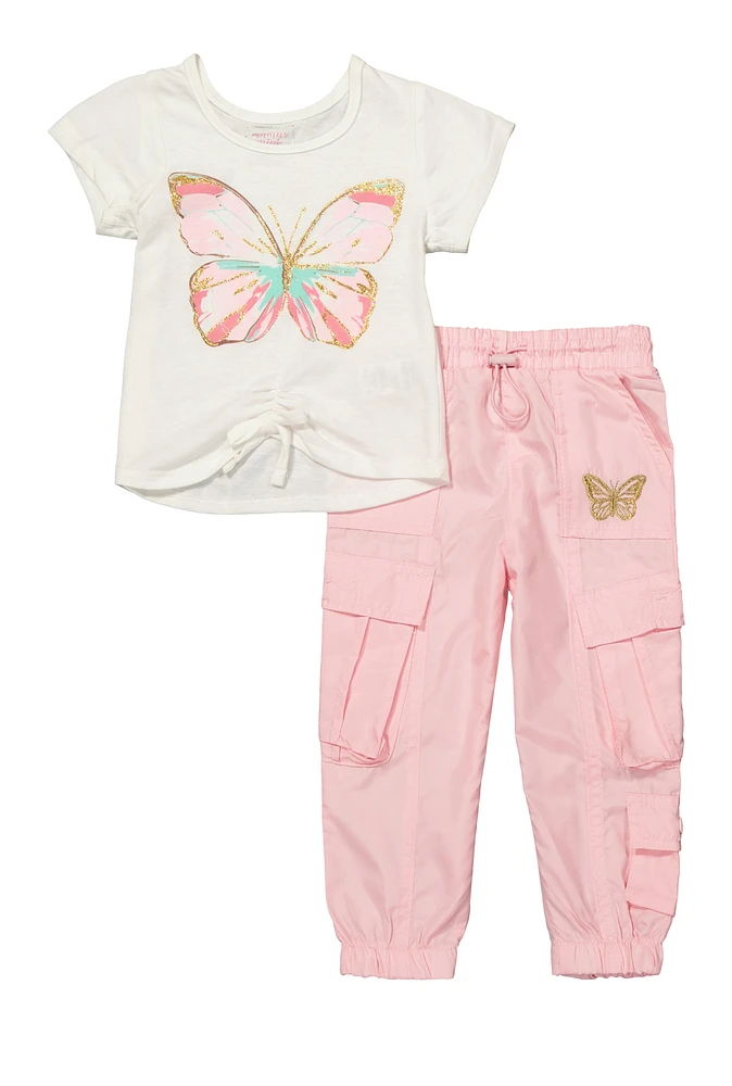 Toddler Girls Butterfly Tie Front Tee and Cargo Pants, Multi, Size 2T