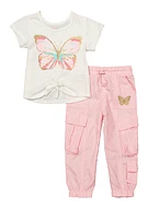 Toddler Girls Butterfly Tie Front Tee and Cargo Pants, Multi, Size 2T