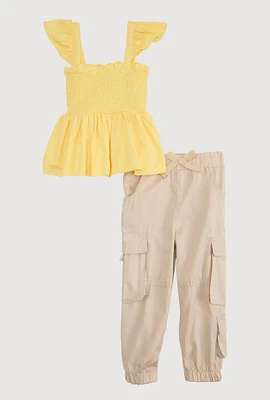 Toddler Girls Smocked Sleeveless Top and Cargo Joggers, Yellow, Size 3T