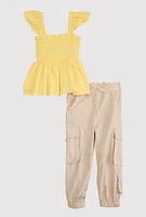 Toddler Girls Smocked Sleeveless Top and Cargo Joggers, Yellow, Size 3T