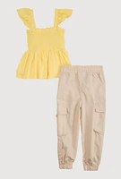 Toddler Girls Smocked Sleeveless Top and Cargo Joggers, Yellow, Size 3T