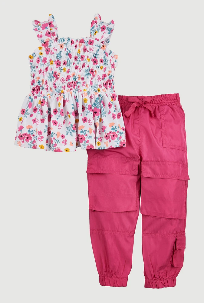 Toddler Girls Floral Print Smocked Top and Cargo Joggers, Pink, Size 3T