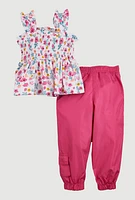 Toddler Girls Floral Print Smocked Top and Cargo Joggers, Pink, Size 3T