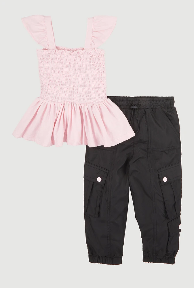 Toddler Girls Smocked Peplum Top and Cargo Pocket Joggers, Pink, Size 2T