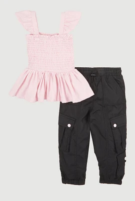 Toddler Girls Smocked Peplum Top and Cargo Pocket Joggers, Pink, Size 2T