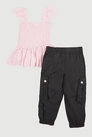 Toddler Girls Smocked Peplum Top and Cargo Pocket Joggers, Pink, Size 2T