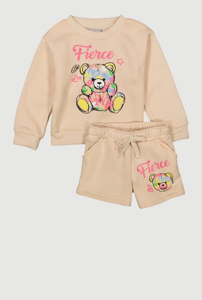 Toddler Girls Fierce Bear Graphic Sweatshirt and Sweatshorts, Beige, Size 4T