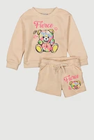 Toddler Girls Fierce Bear Graphic Sweatshirt and Sweatshorts, Beige, Size 4T