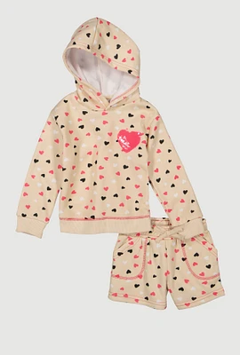 Toddler Girls Sequin Heart Hoodie and Sweatshorts, Beige, Size 2T
