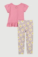 Toddler Girls Flower Sequin Ruffle Hem Top and Leggings, Pink, Size 3T
