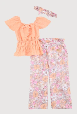 Toddler Girls Smocked Blouse and Floral Pants Set, Orange, Size 3T