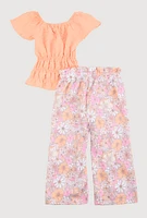 Toddler Girls Smocked Blouse and Floral Pants Set, Orange, Size 2T