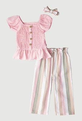 Toddler Girls Smocked Peasant Top with Striped Pants and Headband, Pink, Size 2T