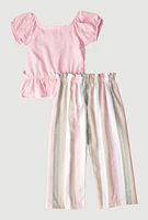 Toddler Girls Smocked Peasant Top with Striped Pants and Headband, Pink, Size 2T