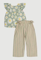 Toddler Girls Daisy Print Top and Striped Pants Set, Green, Size 3T