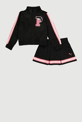 Toddler Girls Puma Varsity Stripe Track Jacket and Tennis Skirt, Black, Size 4T