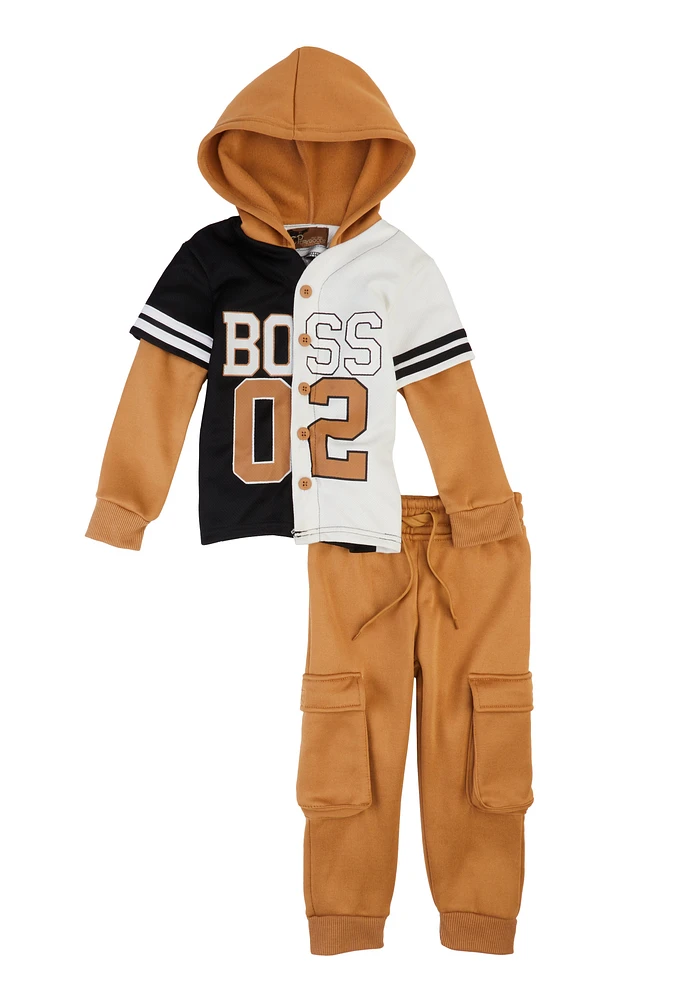 Toddler Boys Boss 02 Hooded Top and Cargo Joggers, Khaki, Size 3T