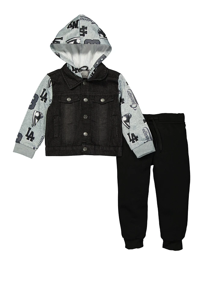 Toddler Boys Denim Hooded Jacket and Joggers, Black, Size 3T