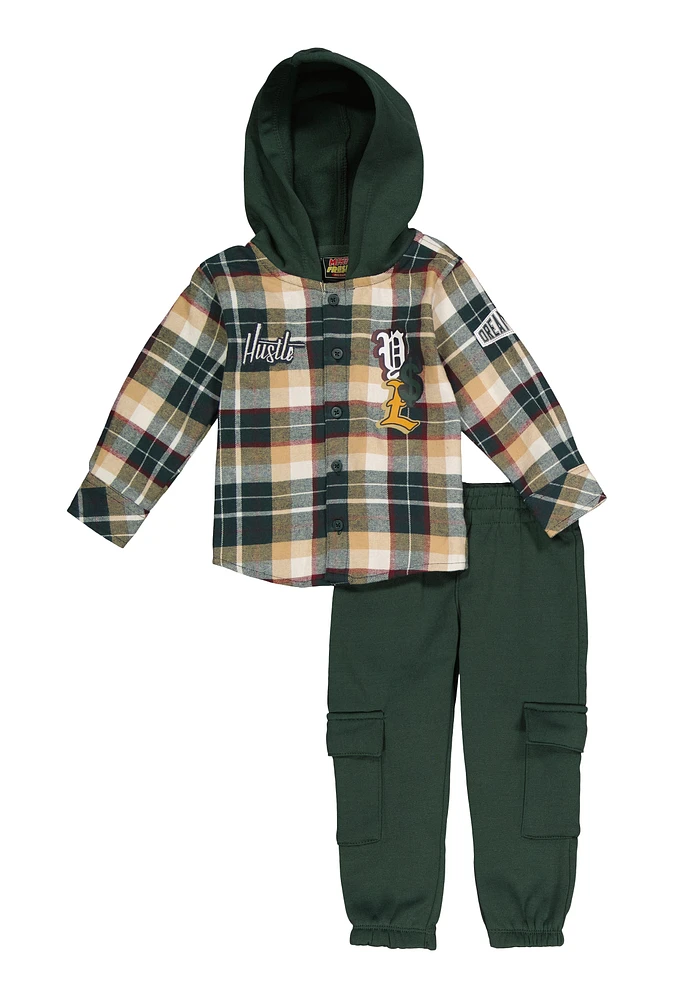 Toddler Boys Plaid Hustle Hooded Shirt and Sweatpants, Green, Size 3T